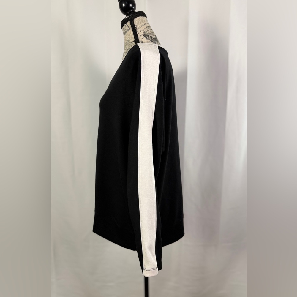 French Laundry Black V-Neck Sweater White Stripe Sleeve Cozy Tunic Size M - Picture 7 of 10